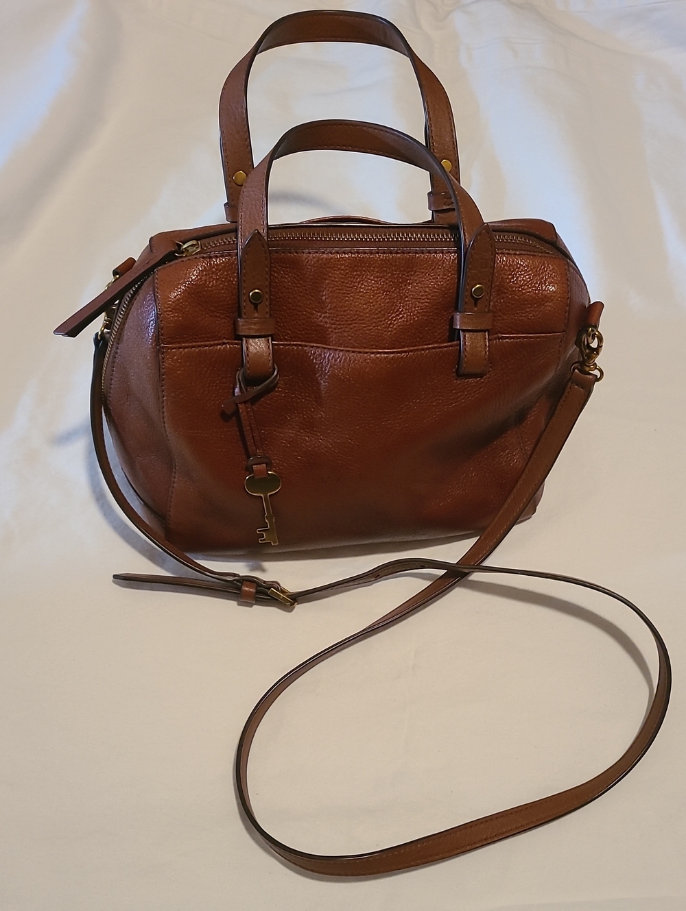 Fossil Rachel Satchel Brown Tan Leather Crossbody Brass Tone Hardware Shoulder
